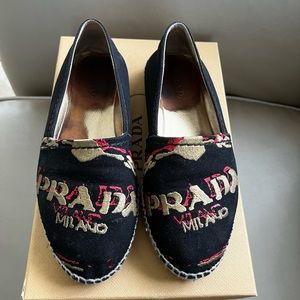 Prada Black Canvas Logo Embroidered Espadrille Flats size 36